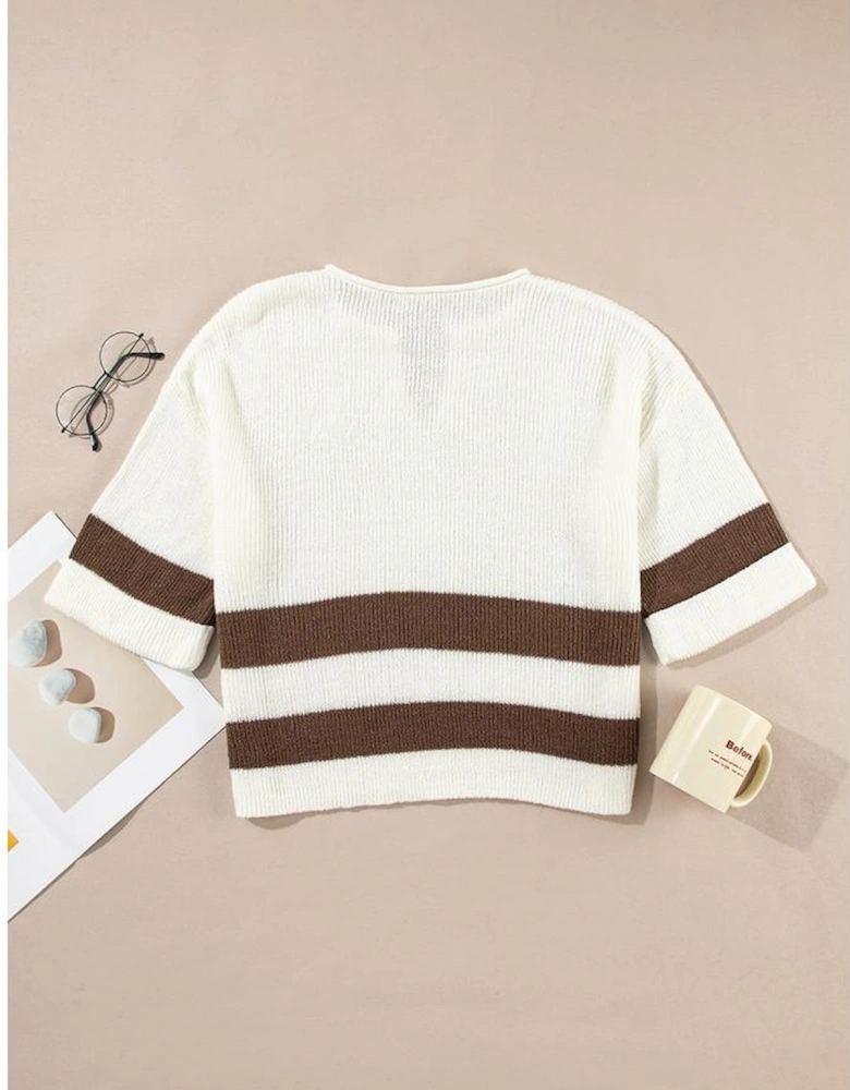 Brown Striped Accent Notched V Neck Cropped Sweater T Shirt