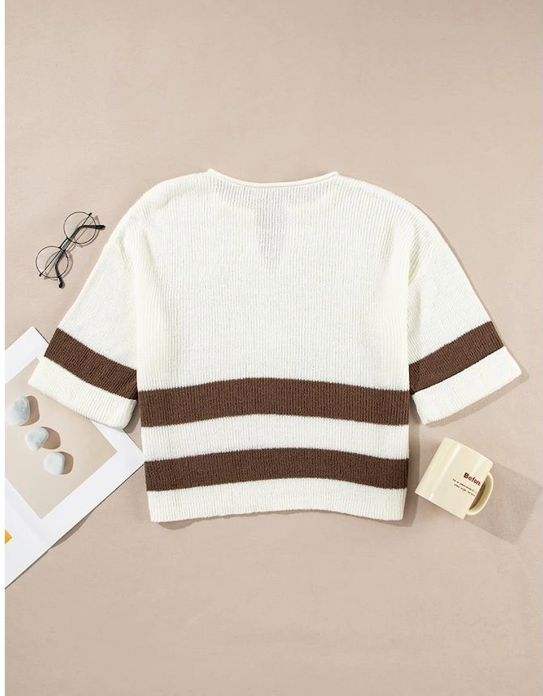 Brown Striped Accent Notched V Neck Cropped Sweater T Shirt