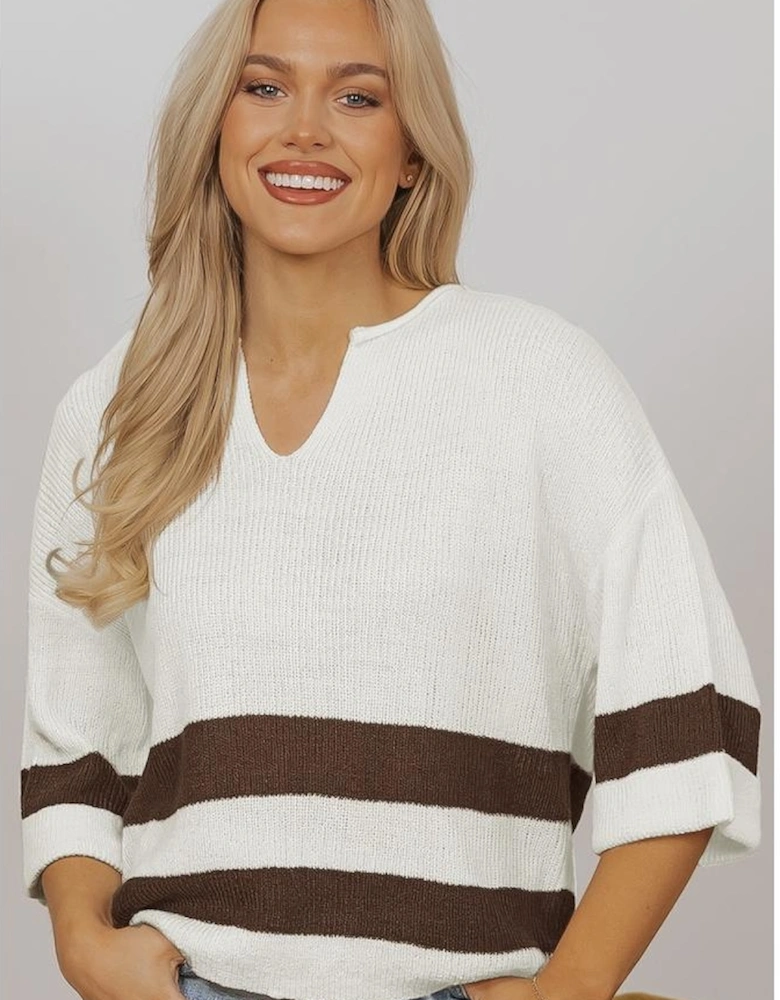 Brown Striped Accent Notched V Neck Cropped Sweater T Shirt