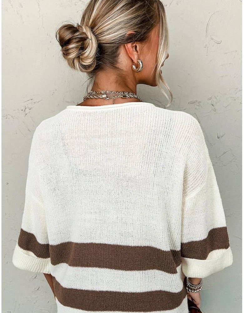 Brown Striped Accent Notched V Neck Cropped Sweater T Shirt