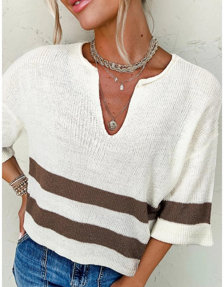 Brown Striped Accent Notched V Neck Cropped Sweater T Shirt