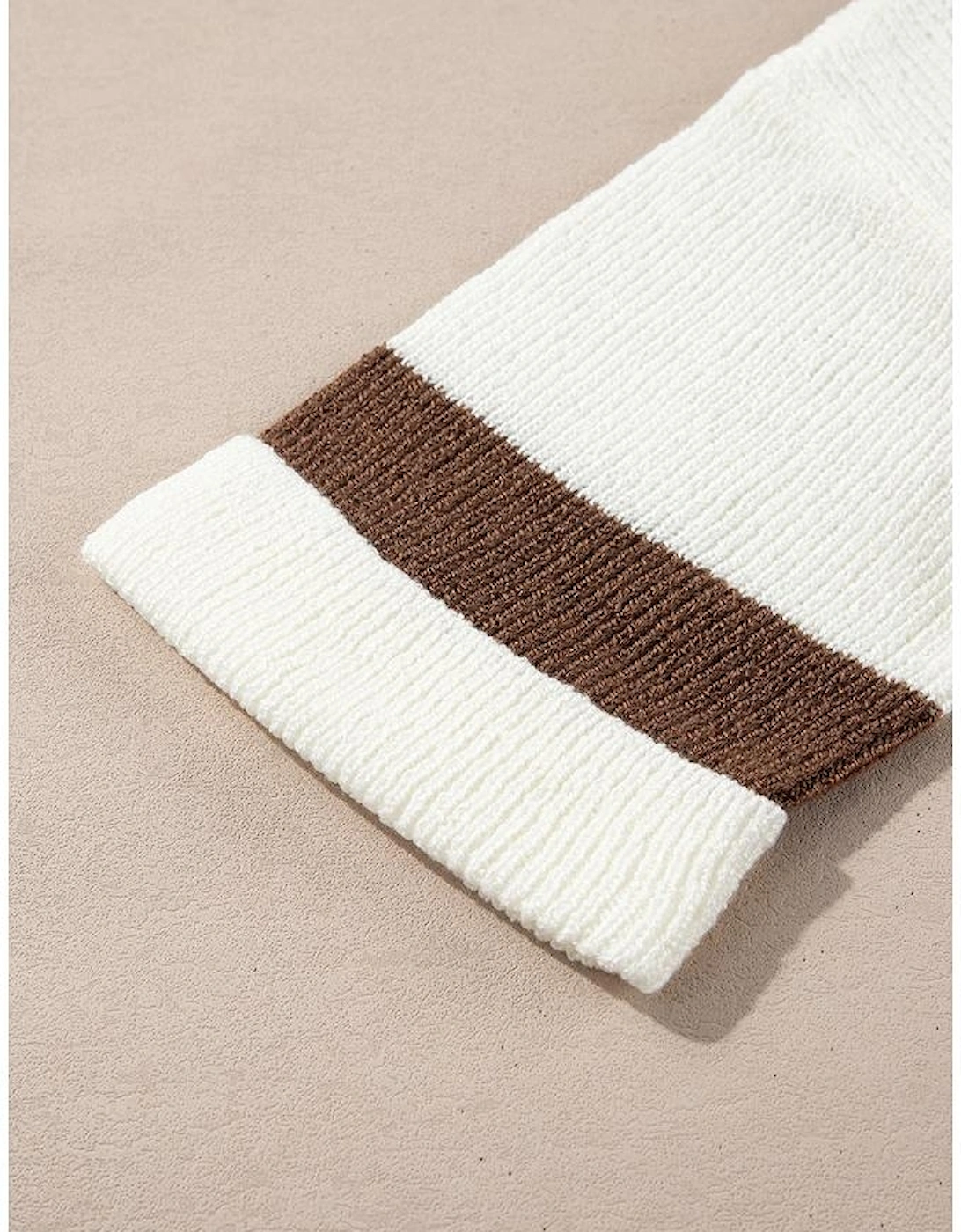 Brown Striped Accent Notched V Neck Cropped Sweater T Shirt