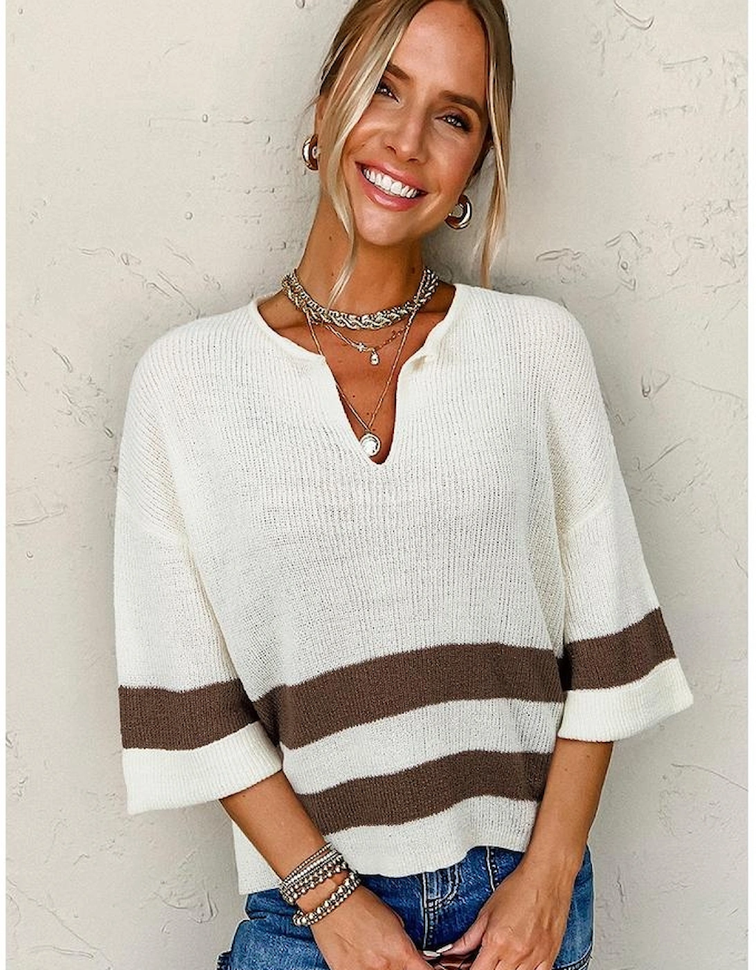 Brown Striped Accent Notched V Neck Cropped Sweater T Shirt