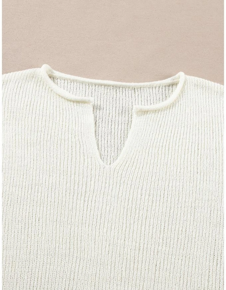 Brown Striped Accent Notched V Neck Cropped Sweater T Shirt