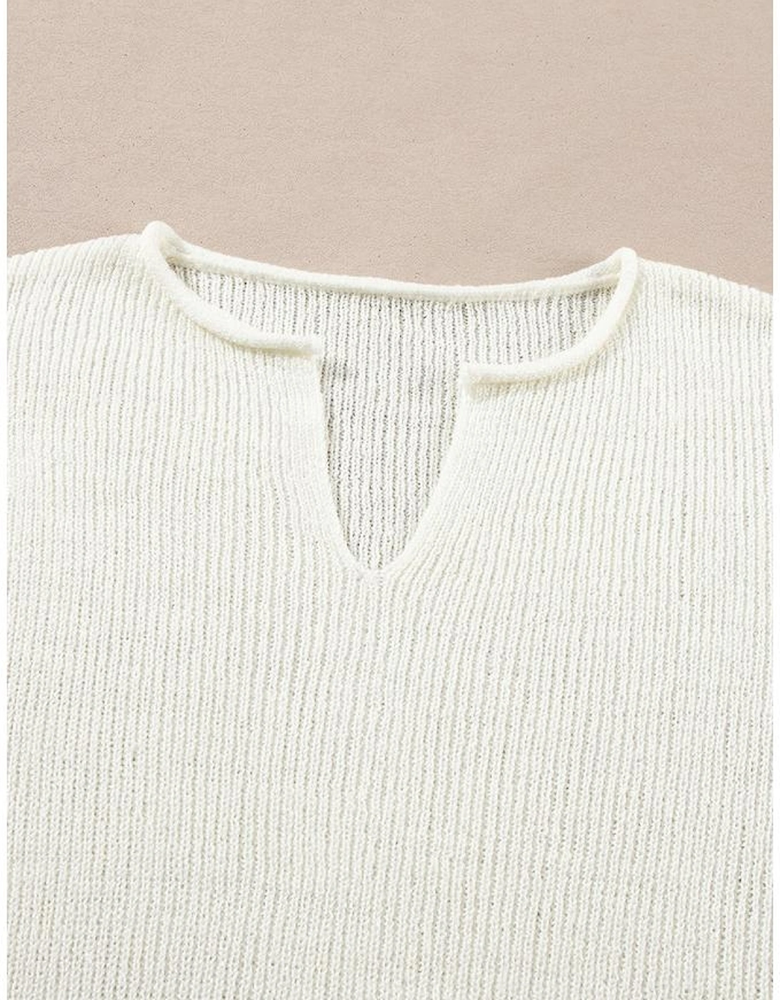 Brown Striped Accent Notched V Neck Cropped Sweater T Shirt