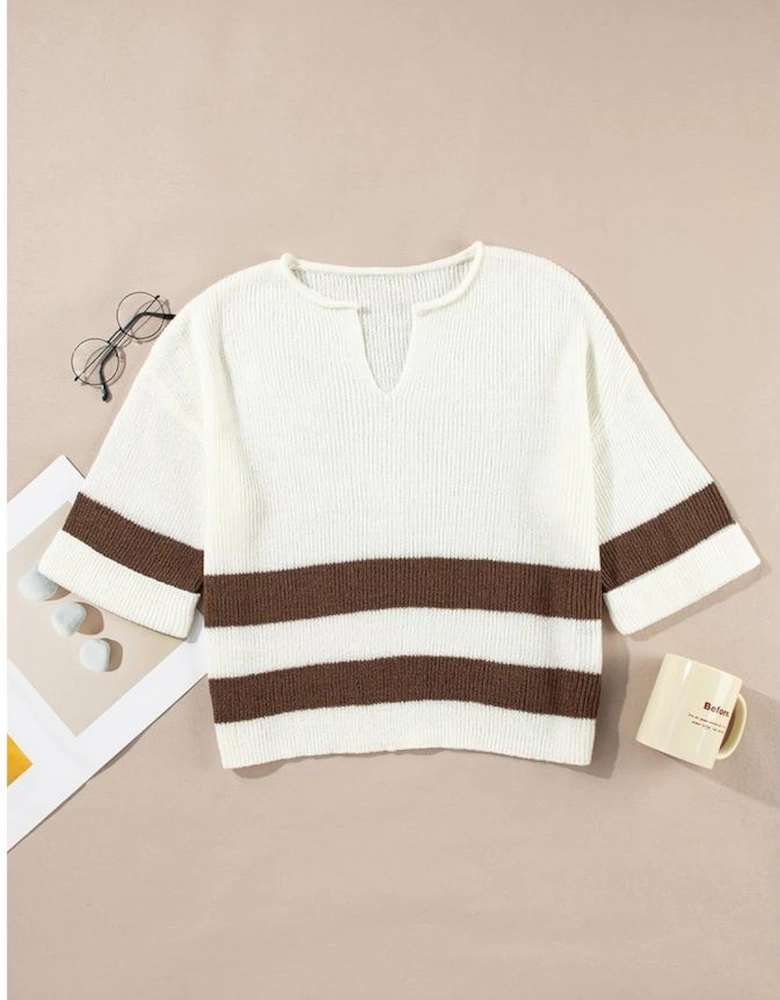 Brown Striped Accent Notched V Neck Cropped Sweater T Shirt