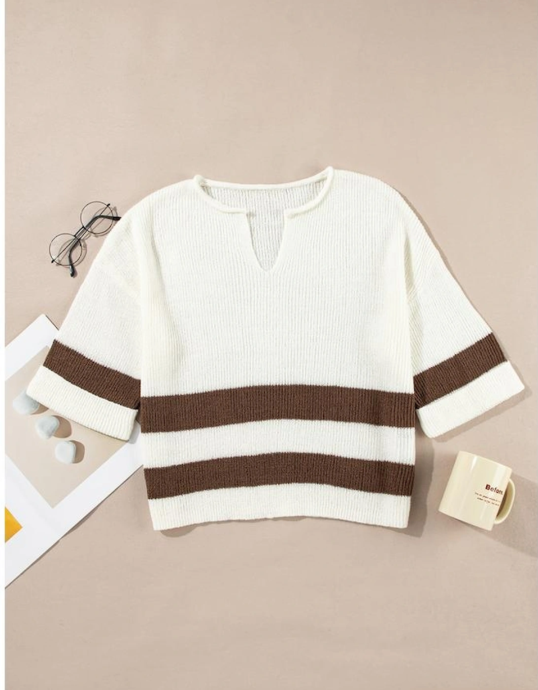 Brown Striped Accent Notched V Neck Cropped Sweater T Shirt
