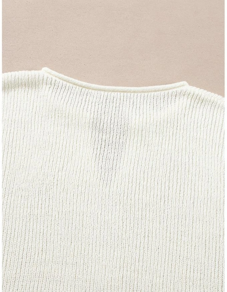 Brown Striped Accent Notched V Neck Cropped Sweater T Shirt