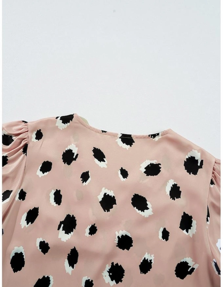 Khaki Classic Leopard V Neck Bracelet Sleeve Blouse