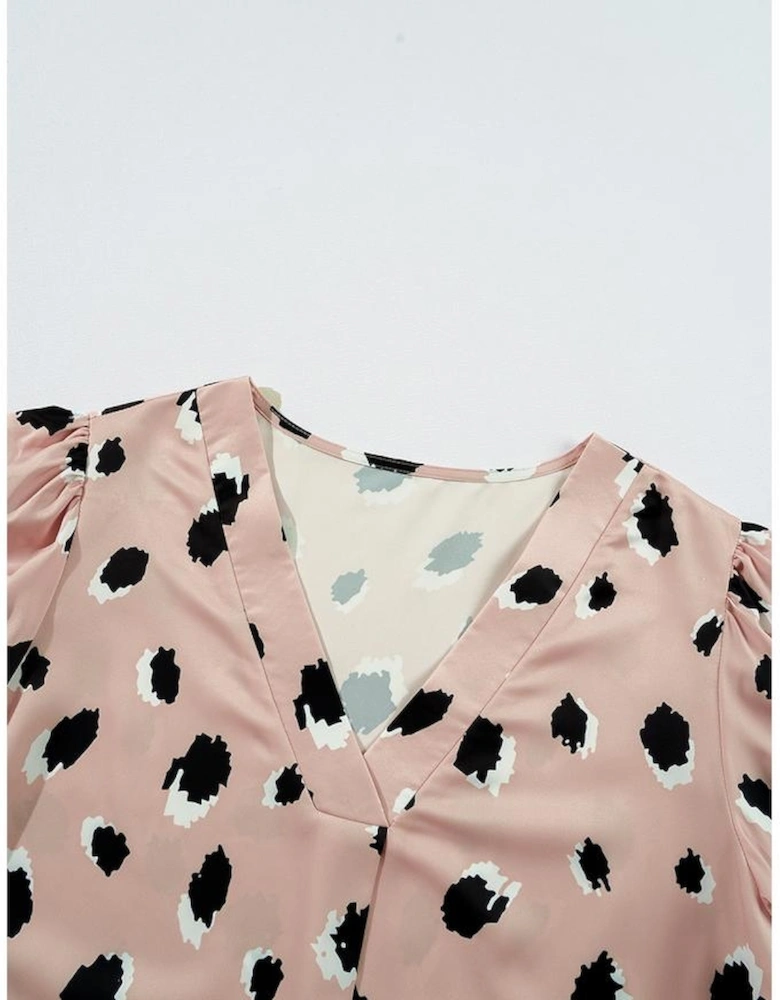 Khaki Classic Leopard V Neck Bracelet Sleeve Blouse