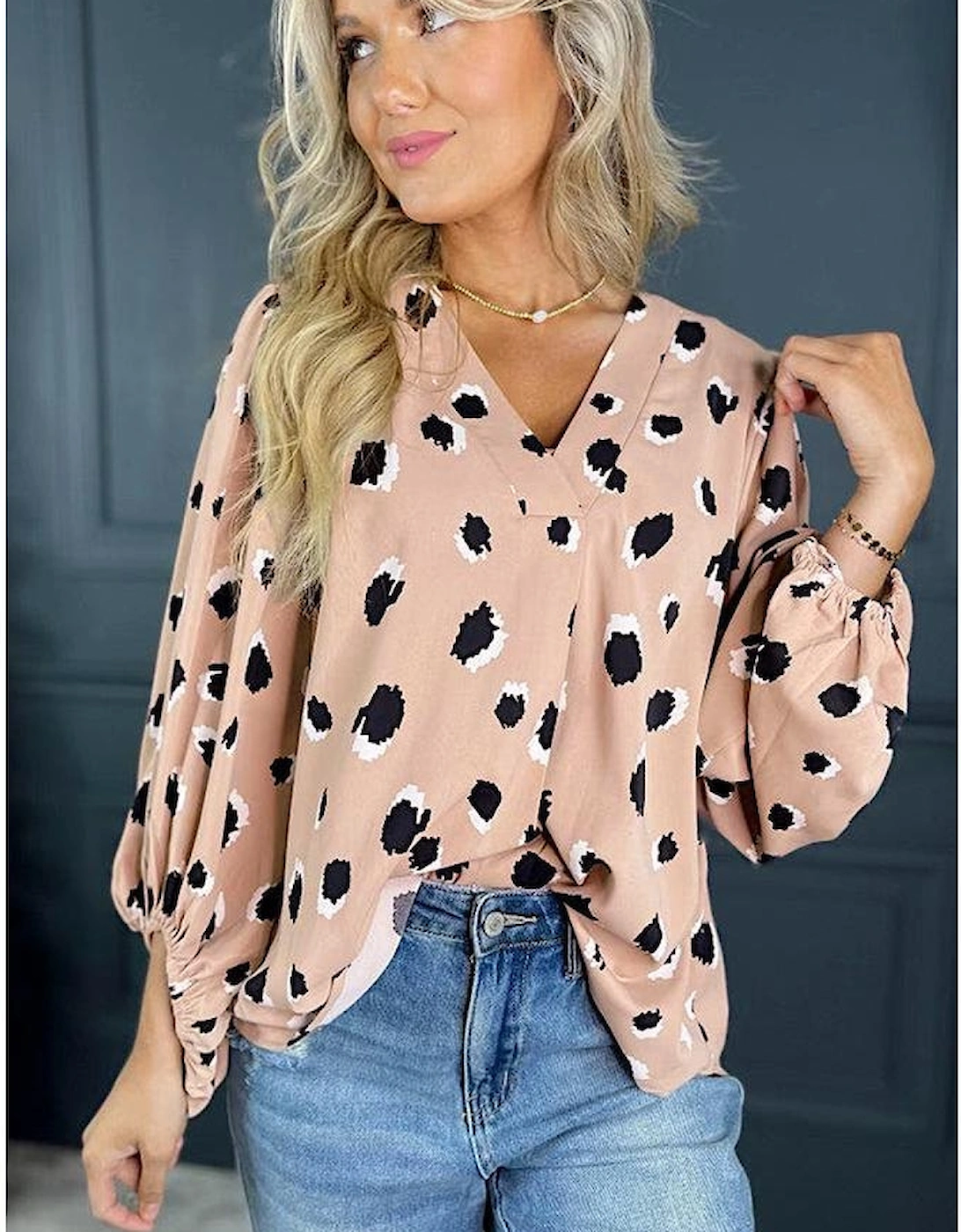 Khaki Classic Leopard V Neck Bracelet Sleeve Blouse