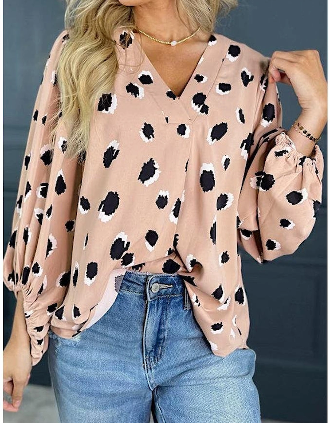 Khaki Classic Leopard V Neck Bracelet Sleeve Blouse