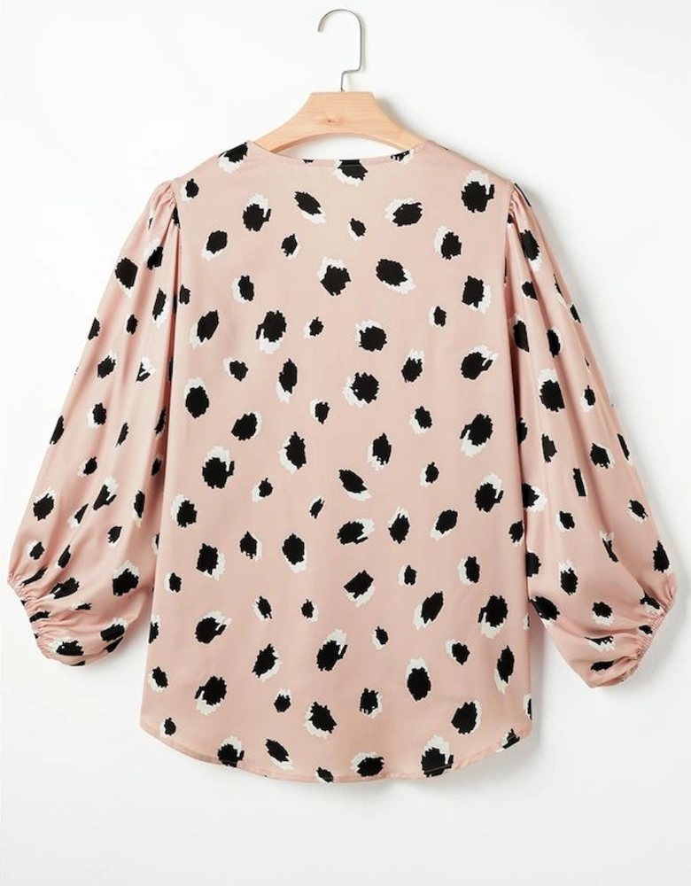 Khaki Classic Leopard V Neck Bracelet Sleeve Blouse