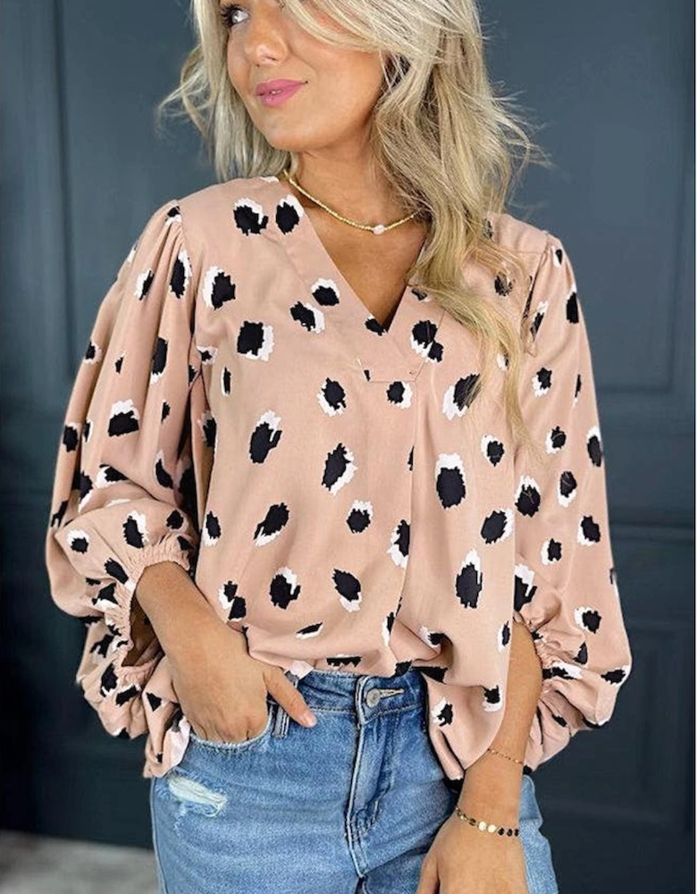 Khaki Classic Leopard V Neck Bracelet Sleeve Blouse