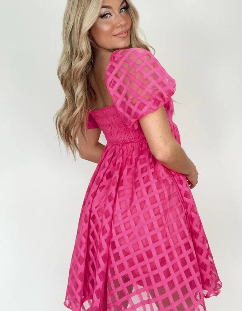 Strawberry Pink Checkered Puff Sleeve Babydoll Dress