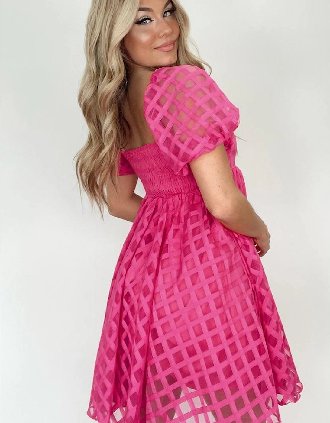 Strawberry Pink Checkered Puff Sleeve Babydoll Dress