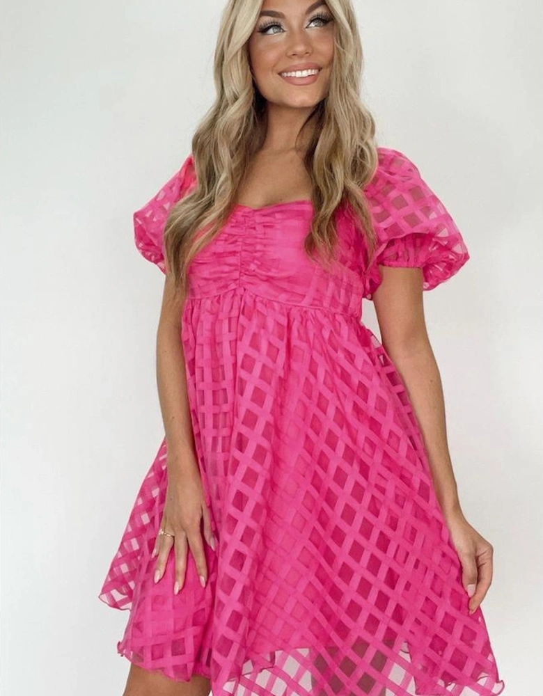 Strawberry Pink Checkered Puff Sleeve Babydoll Dress