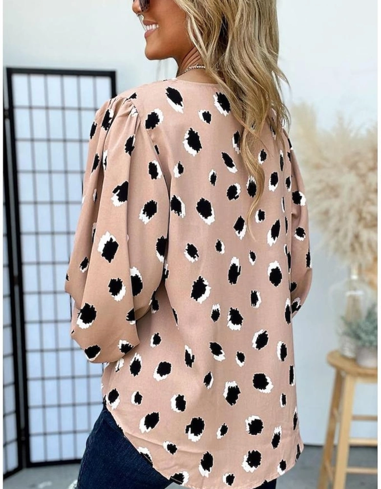 Khaki Classic Leopard V Neck Bracelet Sleeve Blouse
