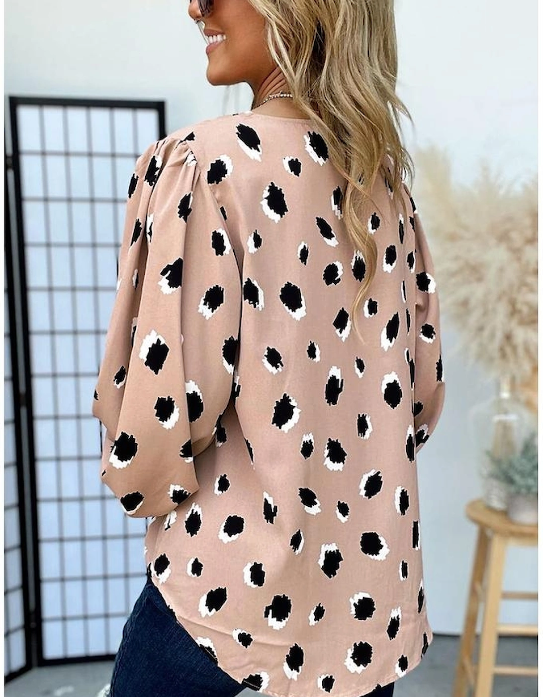 Khaki Classic Leopard V Neck Bracelet Sleeve Blouse