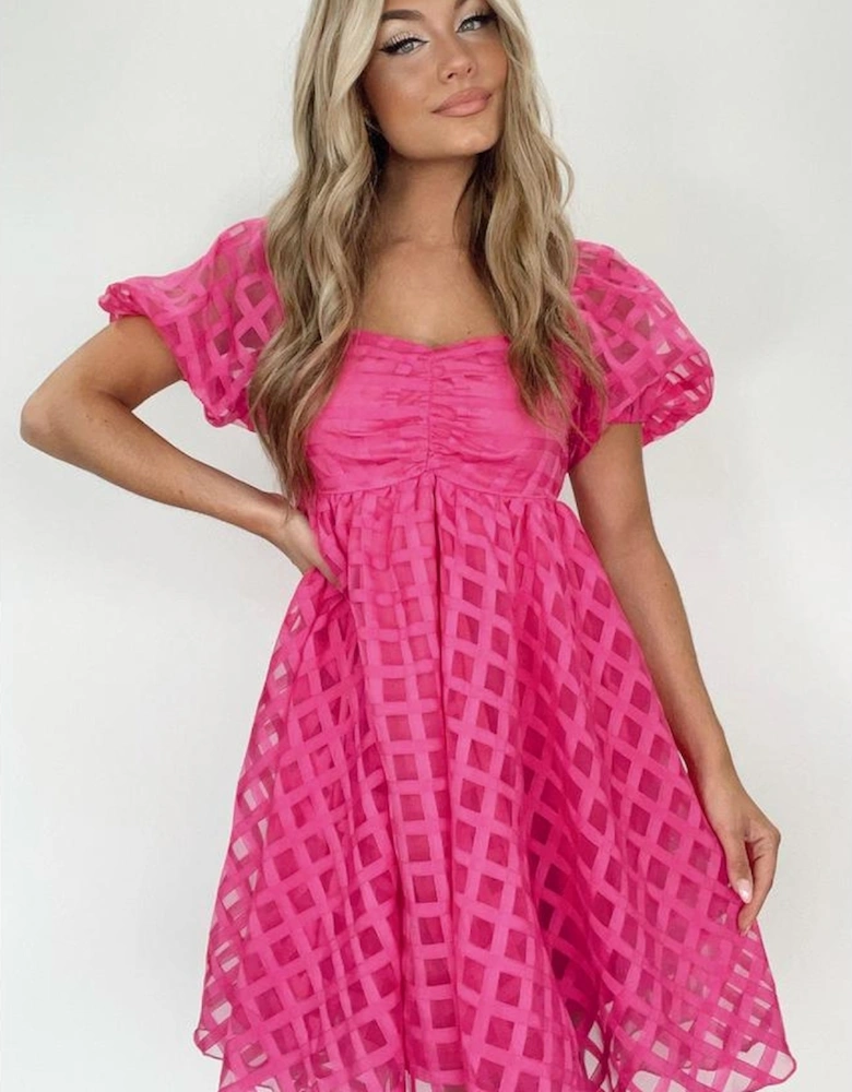 Strawberry Pink Checkered Puff Sleeve Babydoll Dress