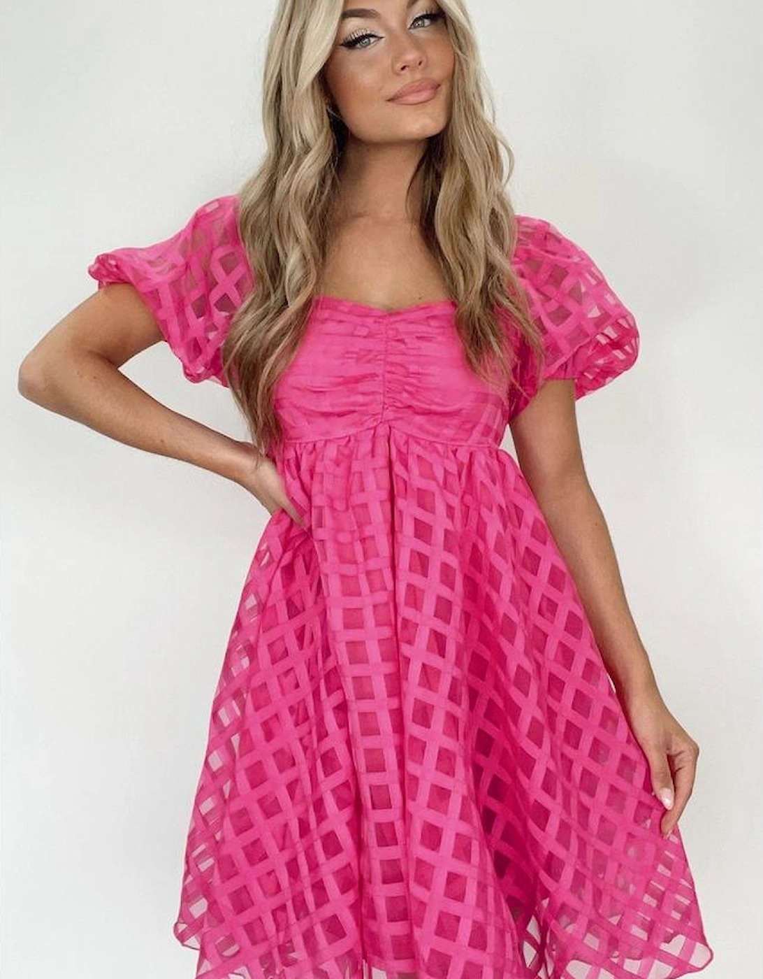 Strawberry Pink Checkered Puff Sleeve Babydoll Dress