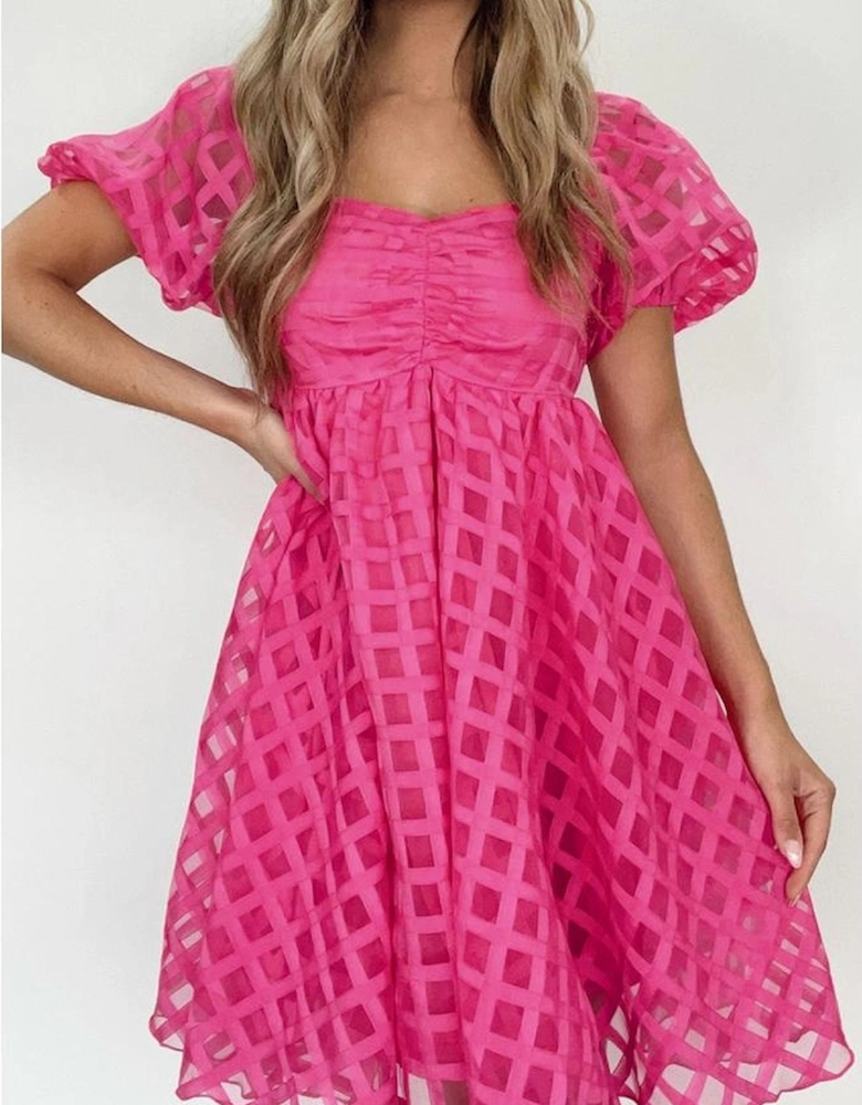 Strawberry Pink Checkered Puff Sleeve Babydoll Dress