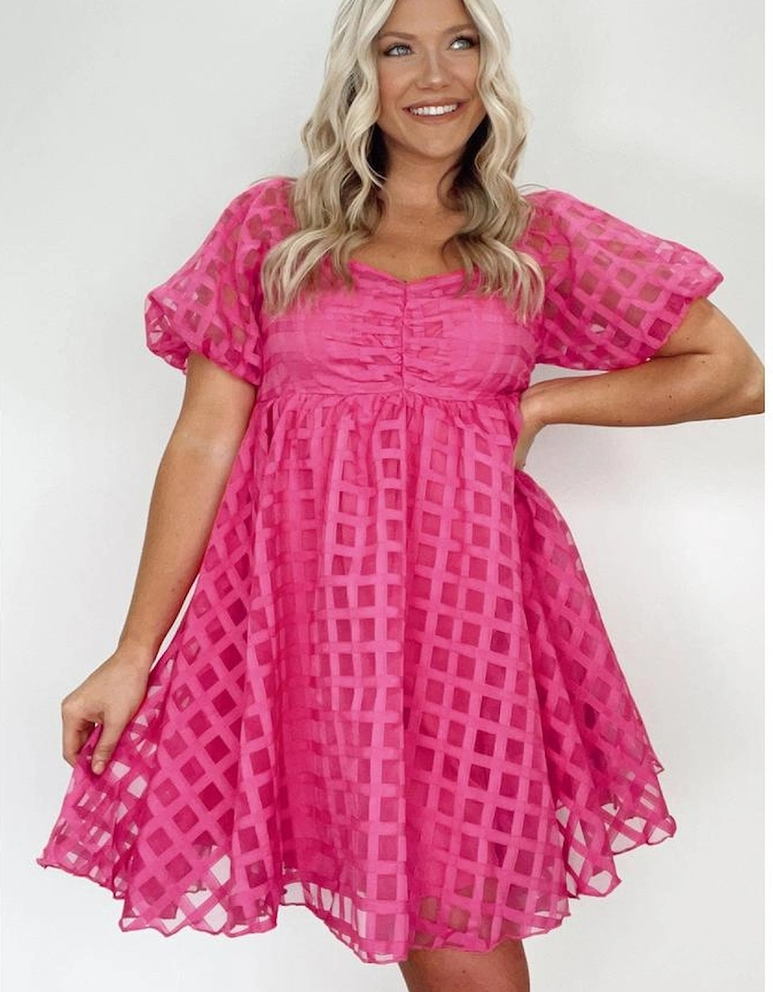 Strawberry Pink Checkered Puff Sleeve Babydoll Dress