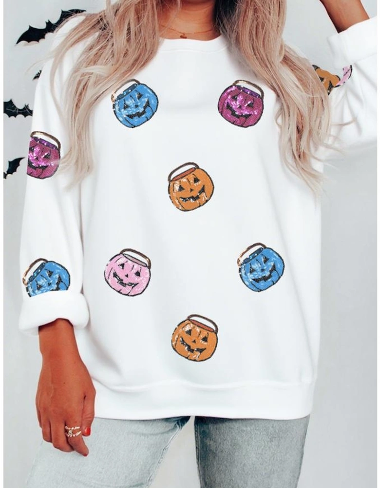 White Halloween Pumpkin Lantern Sequin Patched Sweatshirt