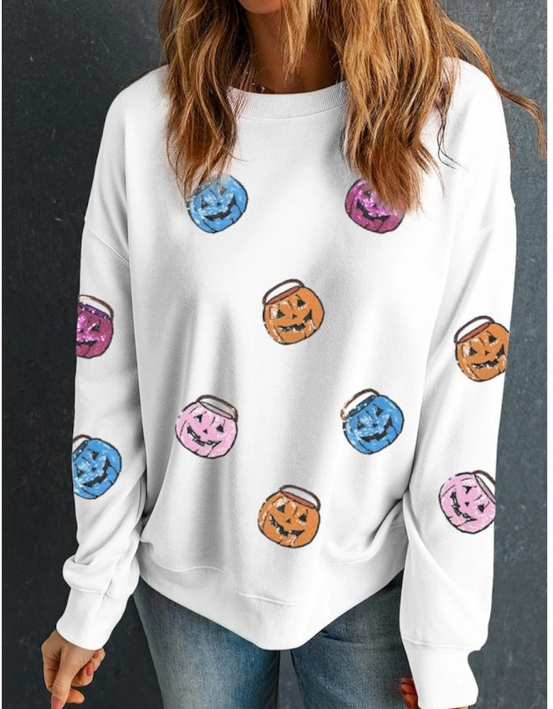 White Halloween Pumpkin Lantern Sequin Patched Sweatshirt
