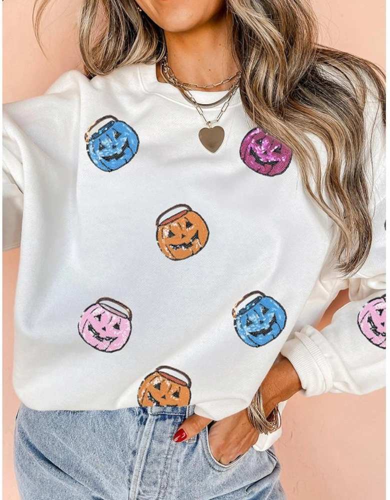 White Halloween Pumpkin Lantern Sequin Patched Sweatshirt