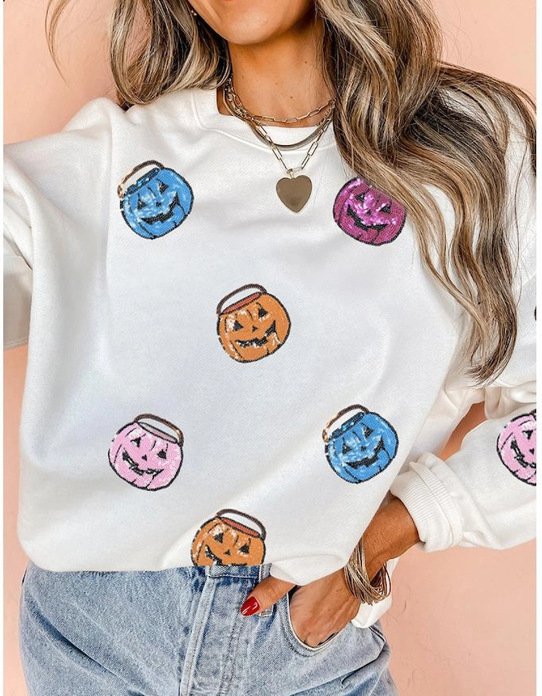 White Halloween Pumpkin Lantern Sequin Patched Sweatshirt, 6 of 5