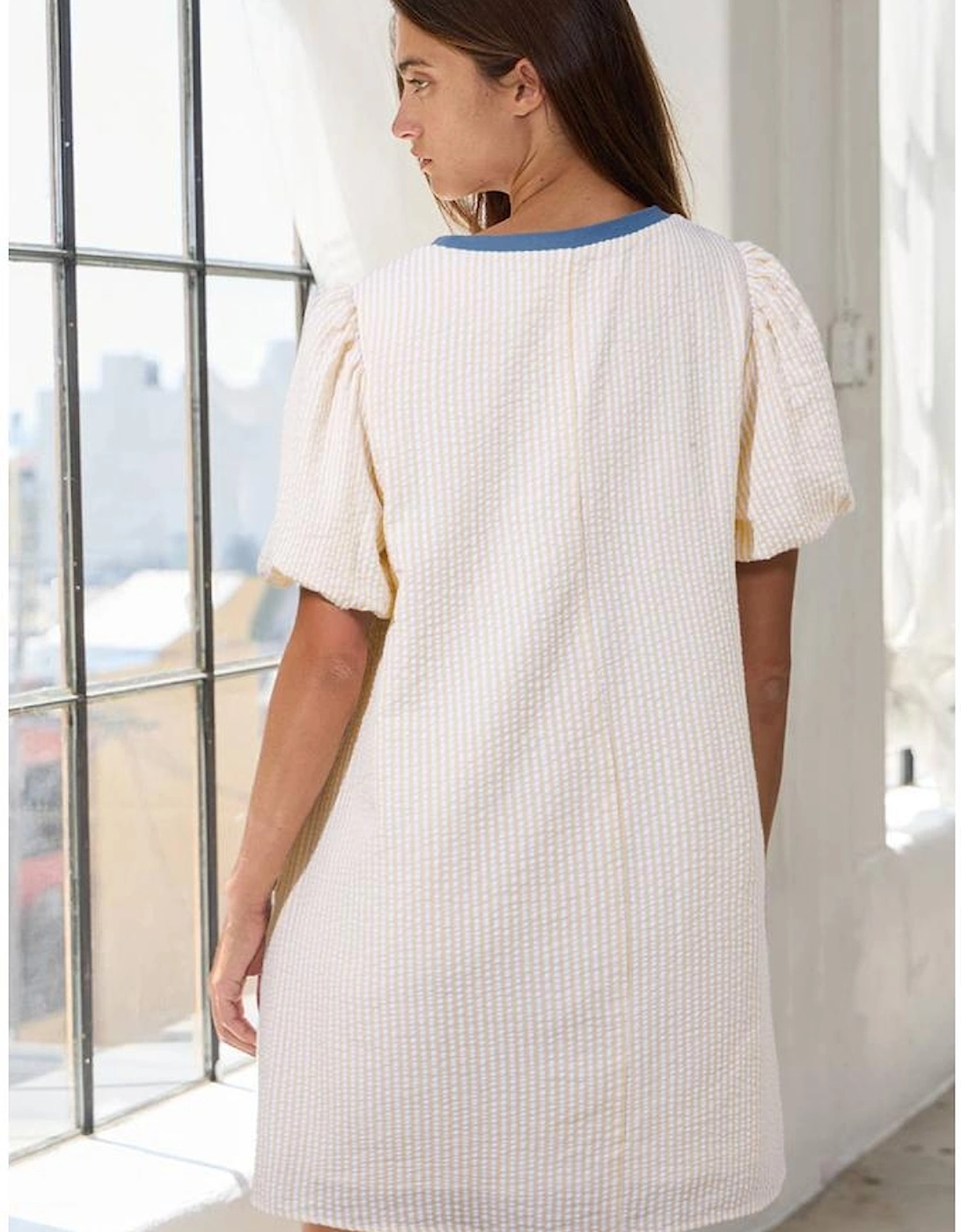 Beige Stripe Seersucker Contrast Round Neck Puff Sleeve T Shirt Dress, 13 of 12