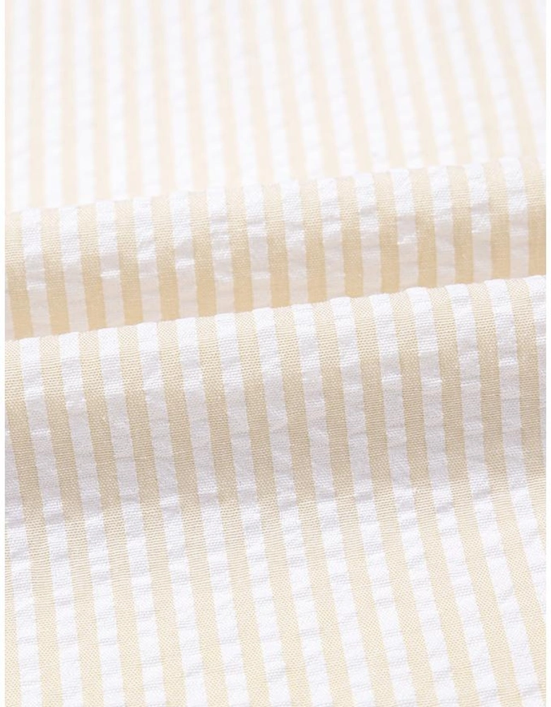 Beige Stripe Seersucker Contrast Round Neck Puff Sleeve T Shirt Dress