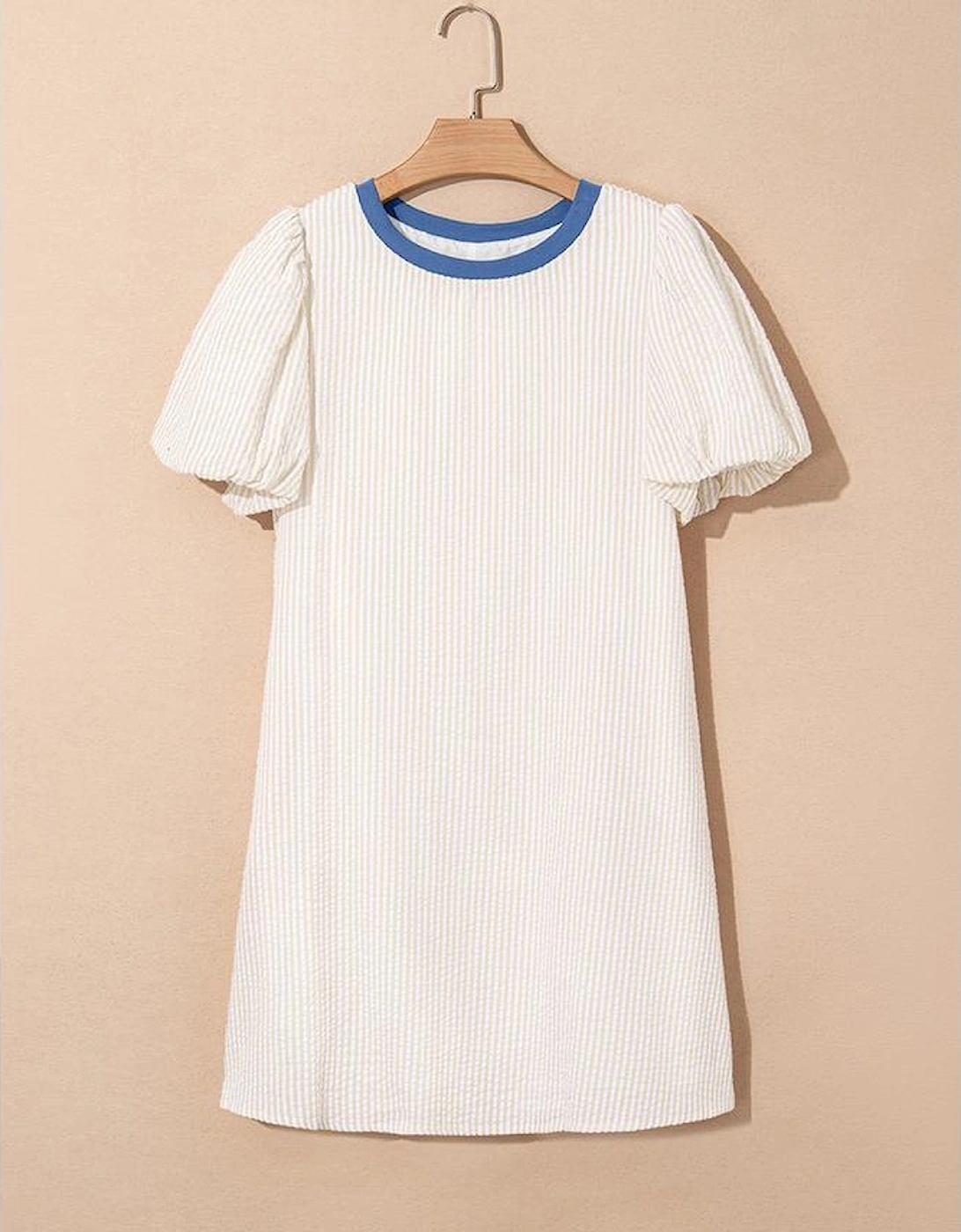 Beige Stripe Seersucker Contrast Round Neck Puff Sleeve T Shirt Dress