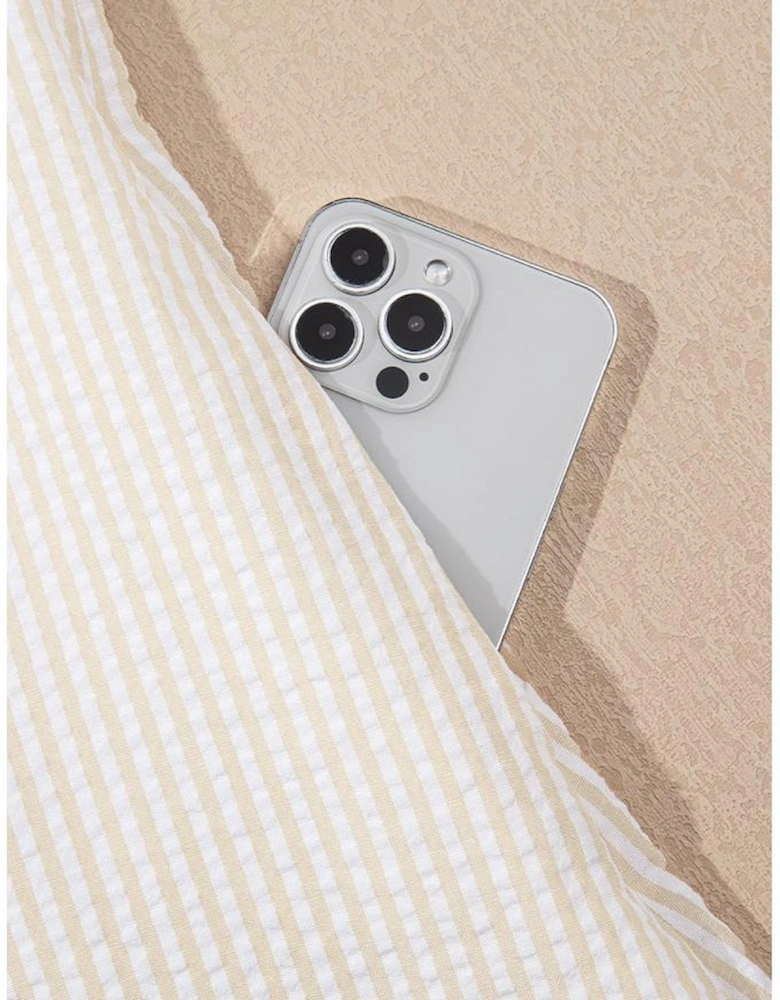 Beige Stripe Seersucker Contrast Round Neck Puff Sleeve T Shirt Dress