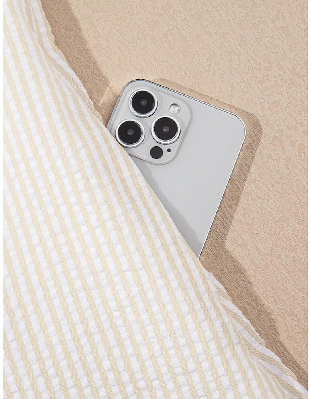 Beige Stripe Seersucker Contrast Round Neck Puff Sleeve T Shirt Dress