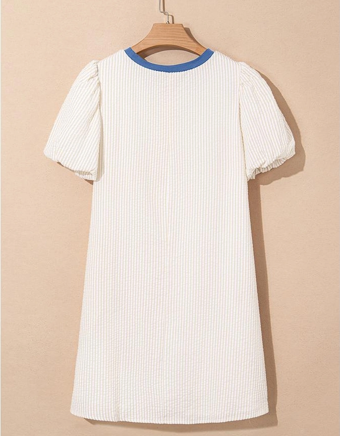Beige Stripe Seersucker Contrast Round Neck Puff Sleeve T Shirt Dress