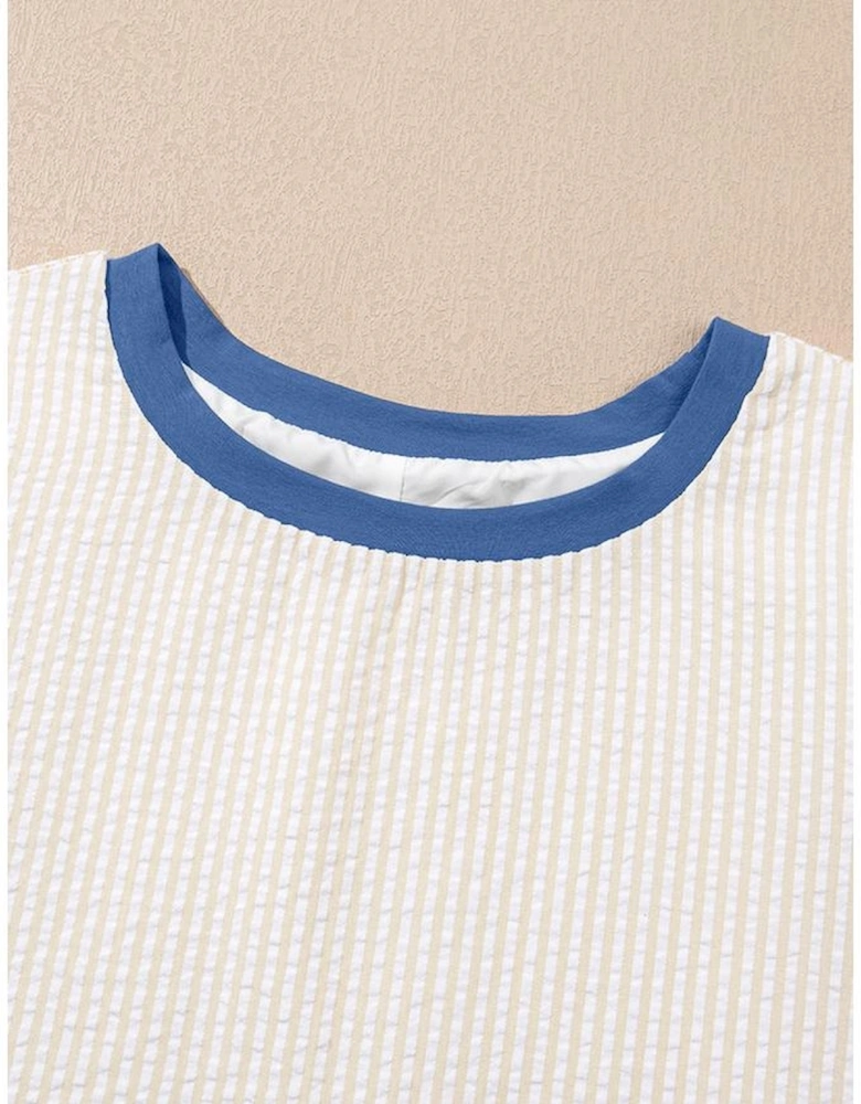 Beige Stripe Seersucker Contrast Round Neck Puff Sleeve T Shirt Dress