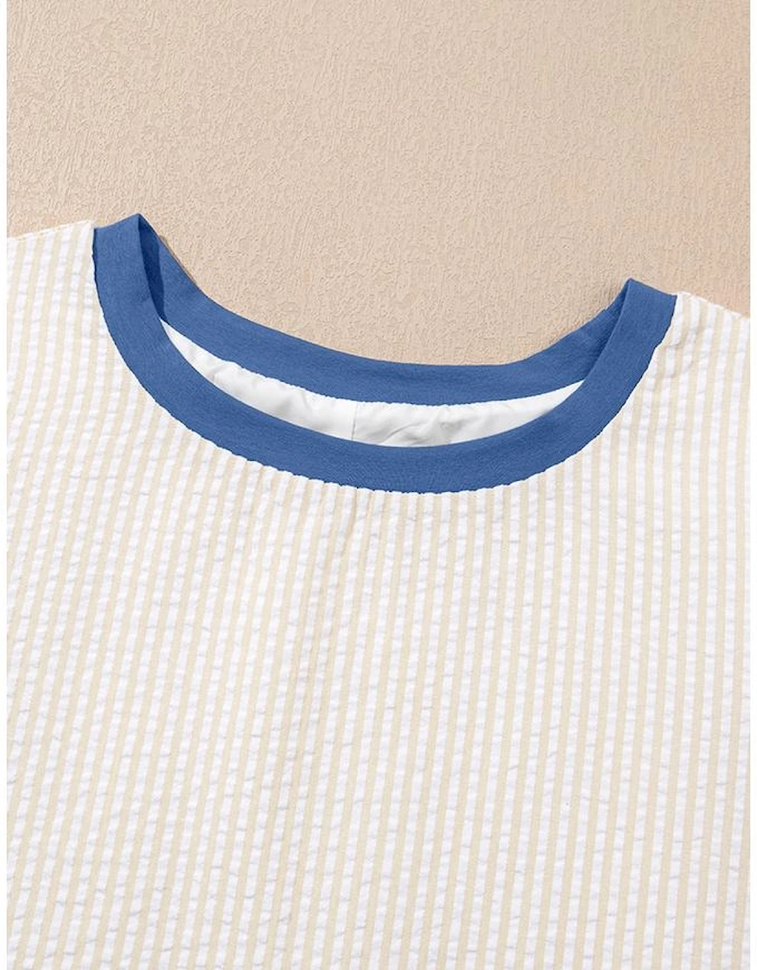 Beige Stripe Seersucker Contrast Round Neck Puff Sleeve T Shirt Dress