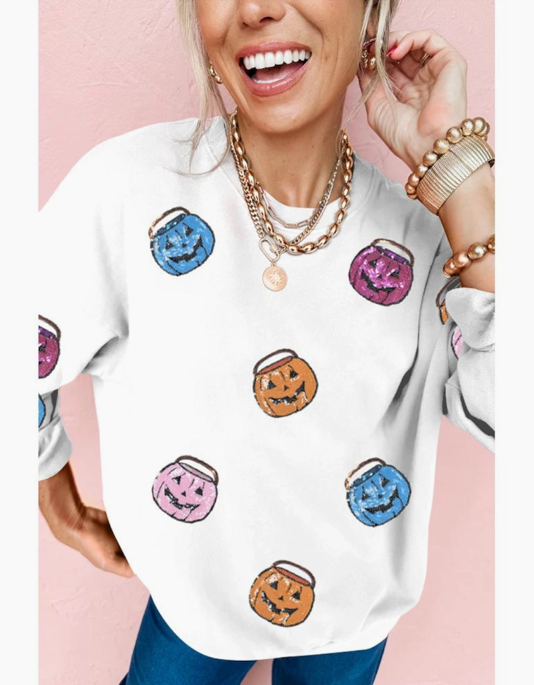 White Halloween Pumpkin Lantern Sequin Patched Sweatshirt