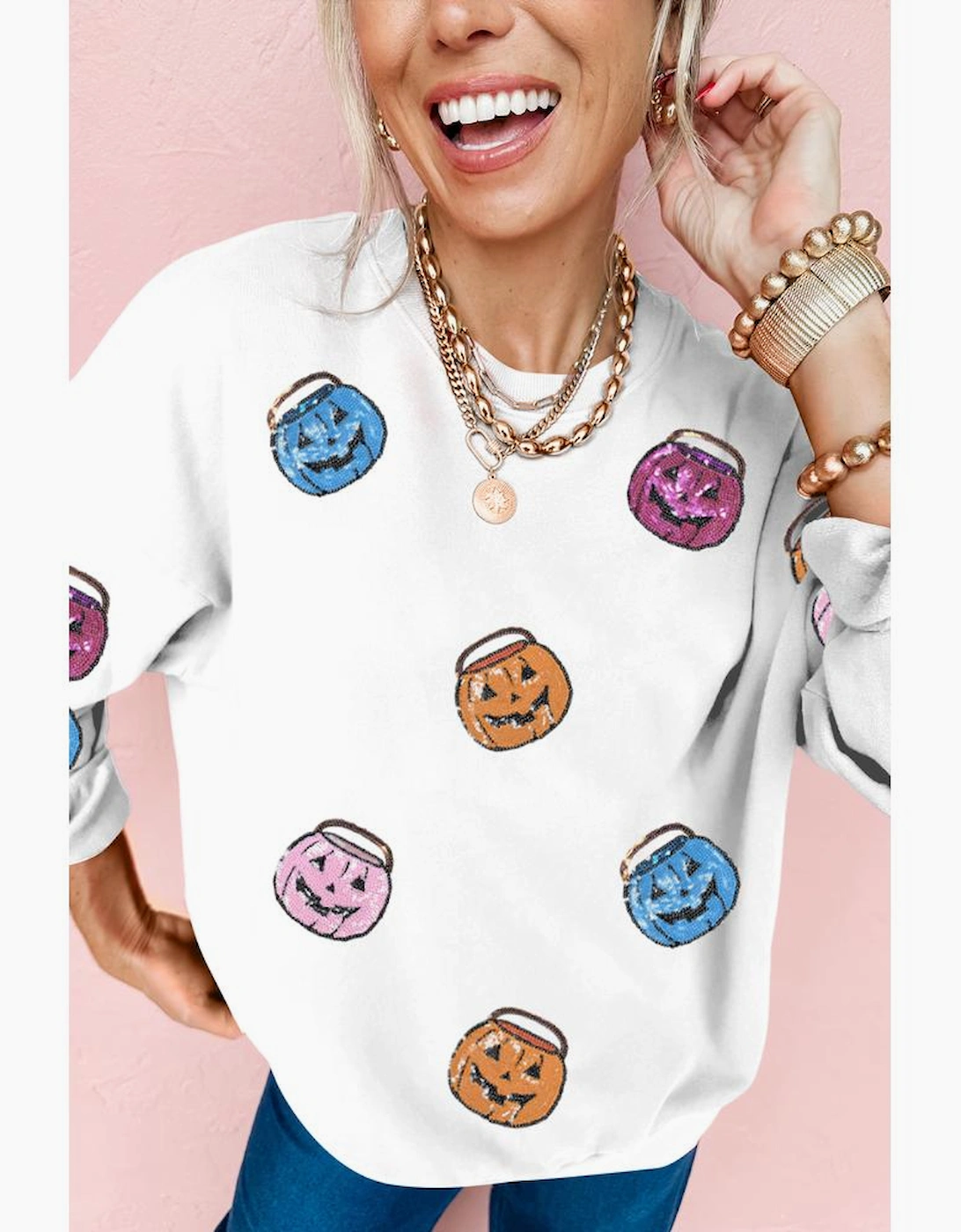 White Halloween Pumpkin Lantern Sequin Patched Sweatshirt