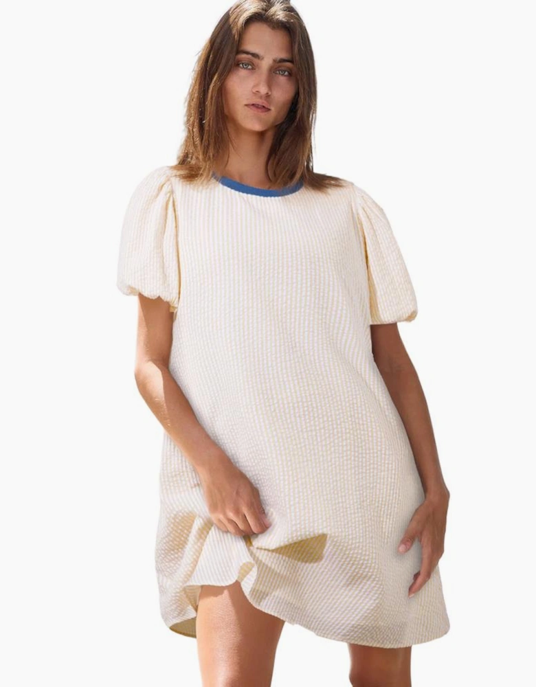 Beige Stripe Seersucker Contrast Round Neck Puff Sleeve T Shirt Dress