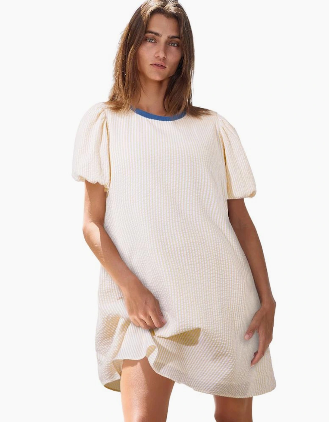 Beige Stripe Seersucker Contrast Round Neck Puff Sleeve T Shirt Dress
