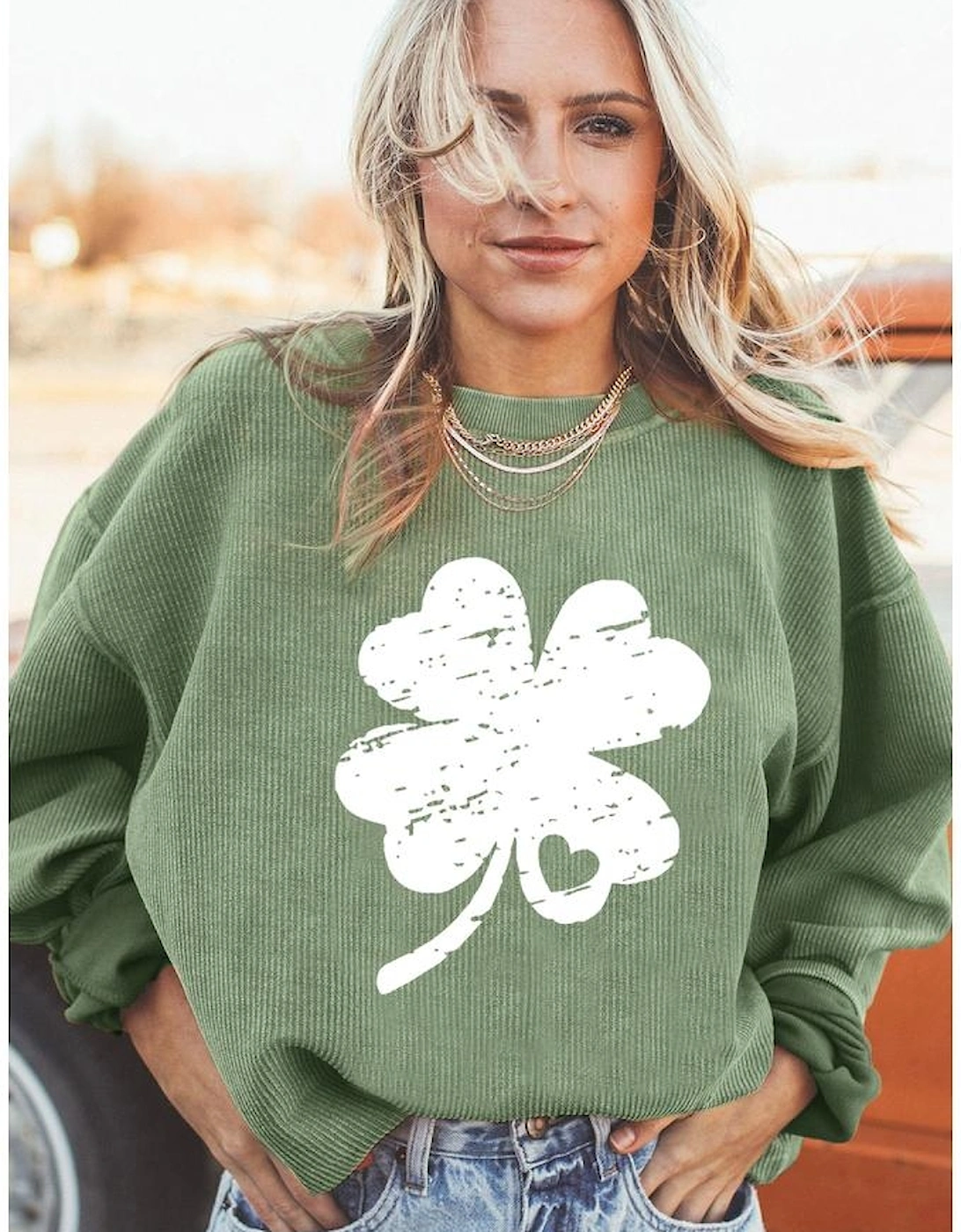 Grass Green Distressed Clover Print St Patricks Corded Sweatshirt