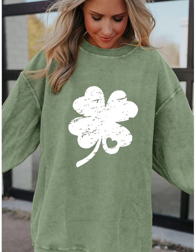 Grass Green Distressed Clover Print St Patricks Corded Sweatshirt