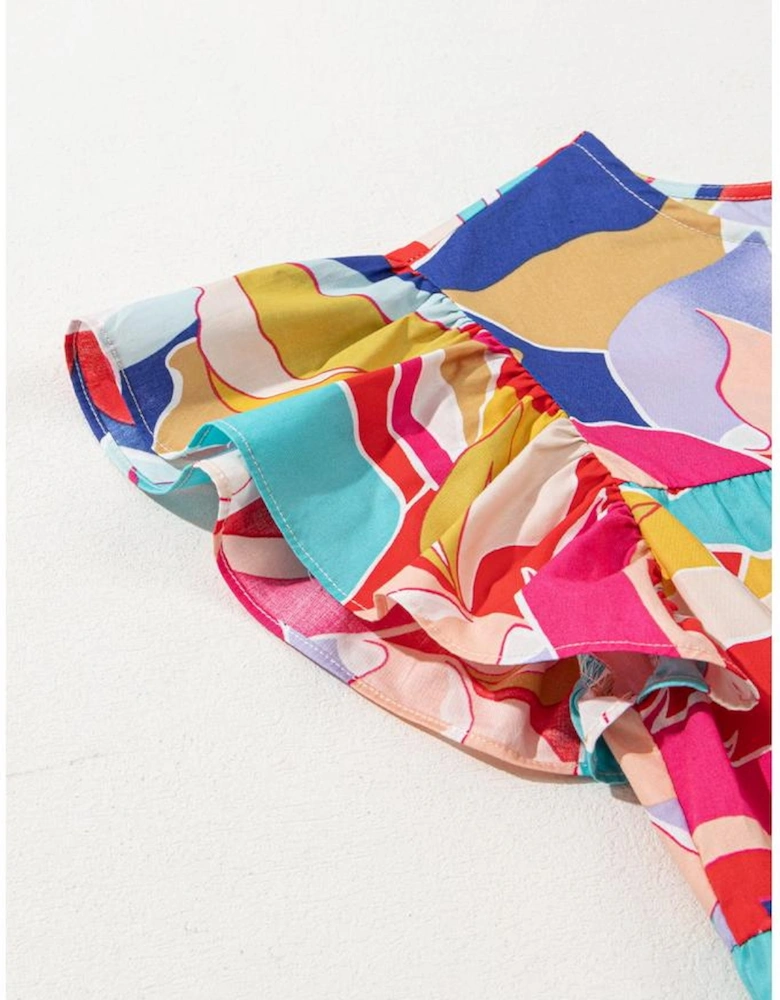 Pink Abstract Printed Ruffled Flutter Sleeve Tiered Mini Dress