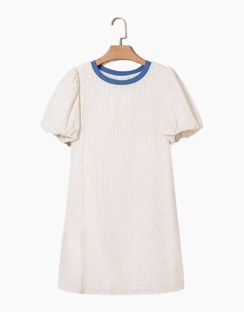Beige Stripe Seersucker Contrast Round Neck Puff Sleeve T Shirt Dress