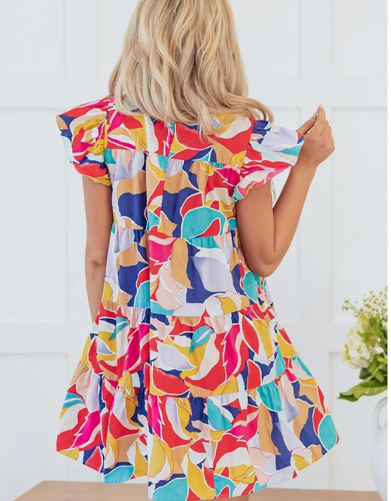 Pink Abstract Printed Ruffled Flutter Sleeve Tiered Mini Dress