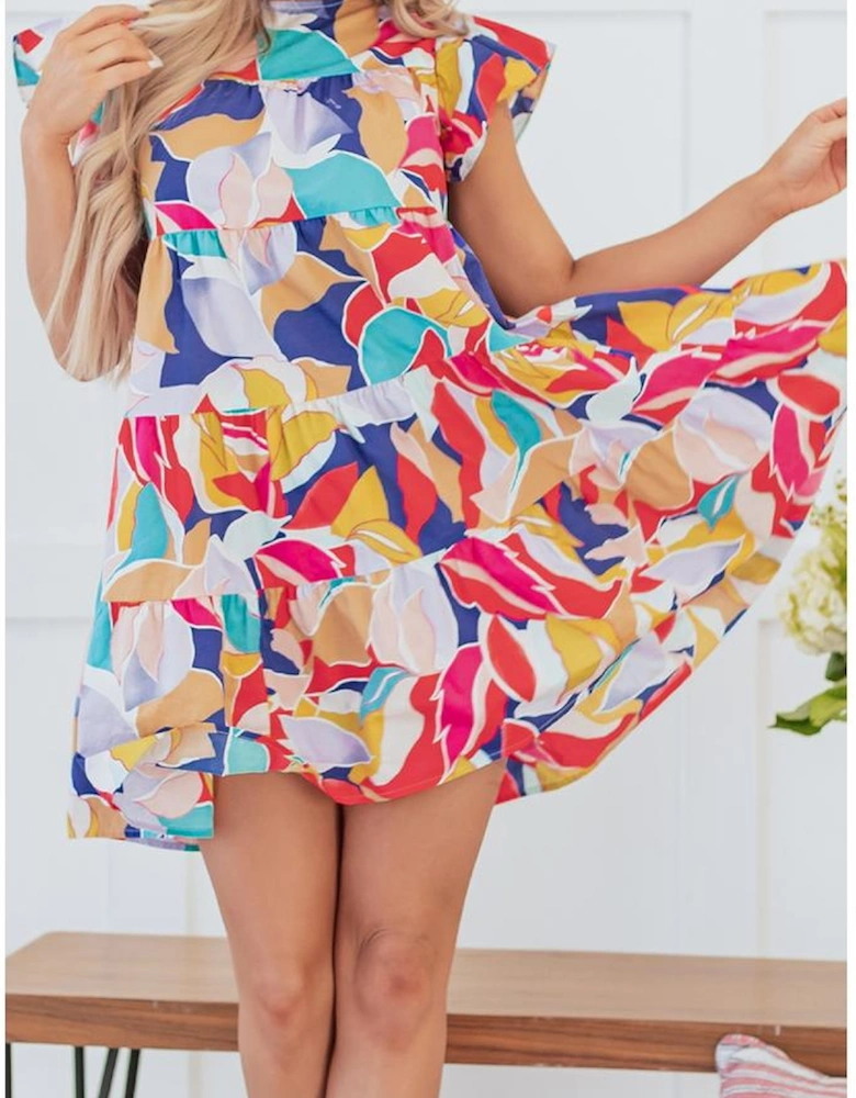 Pink Abstract Printed Ruffled Flutter Sleeve Tiered Mini Dress