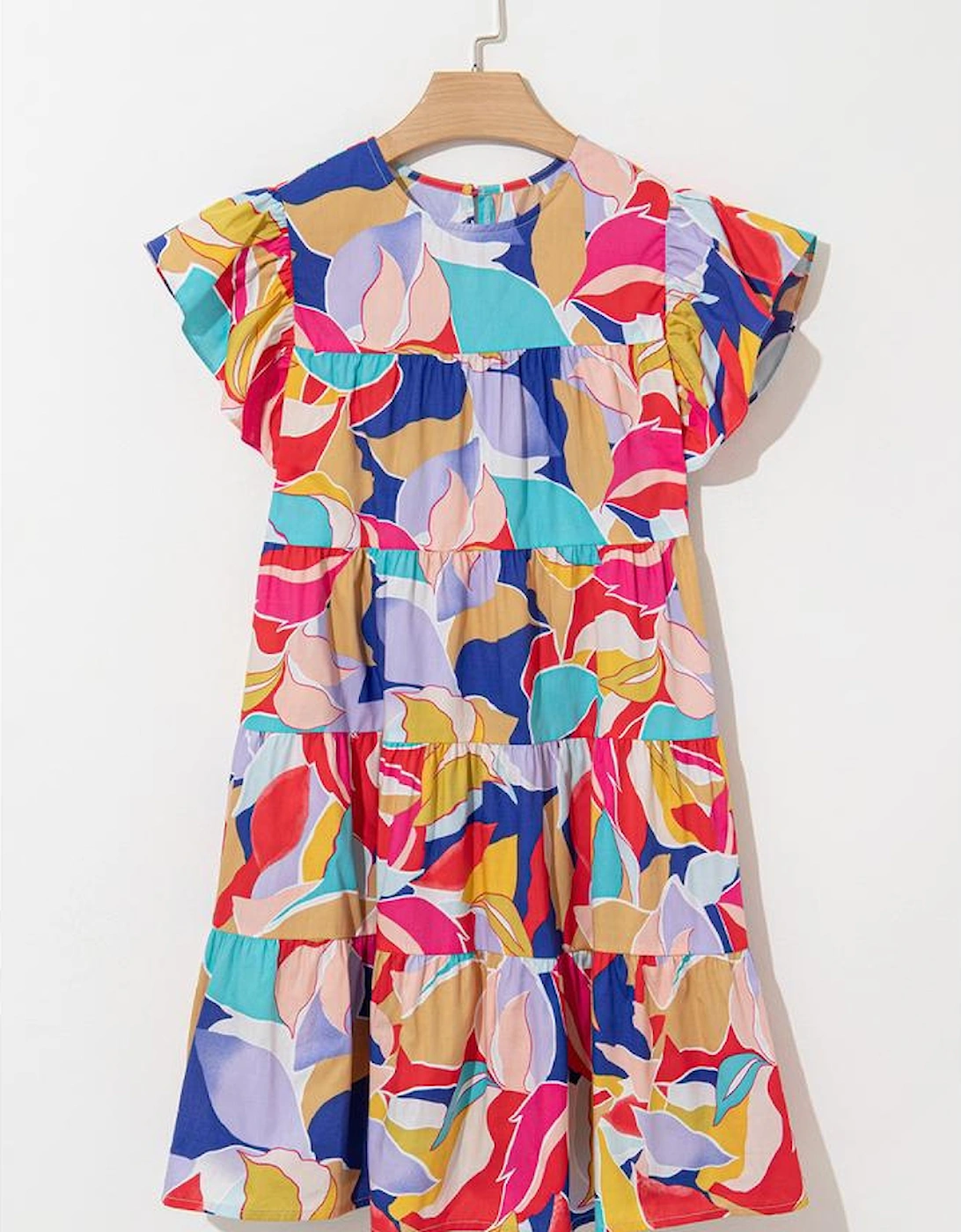 Pink Abstract Printed Ruffled Flutter Sleeve Tiered Mini Dress